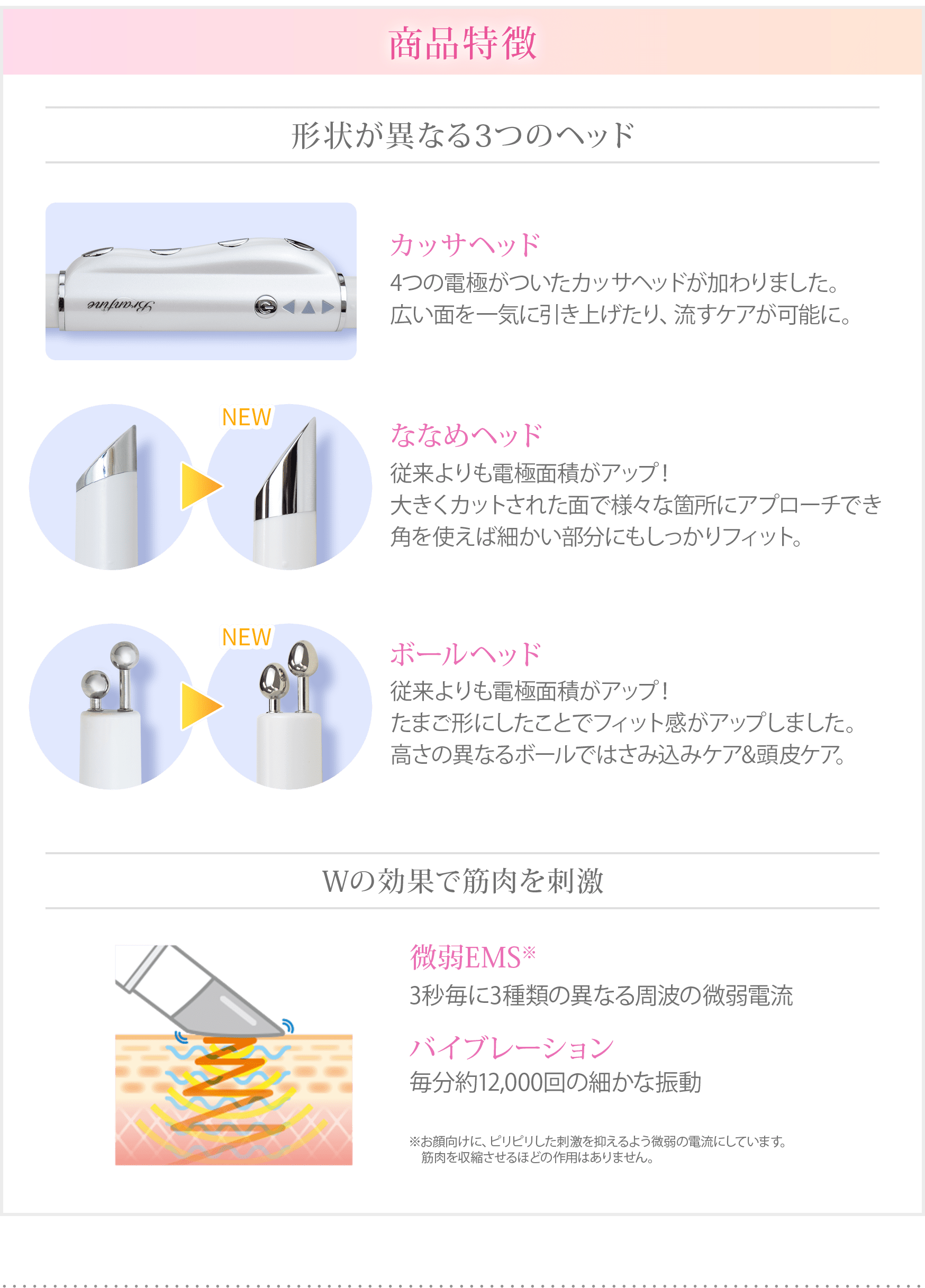 形状が異なる3つのヘッド　Wの効果で筋肉を刺激