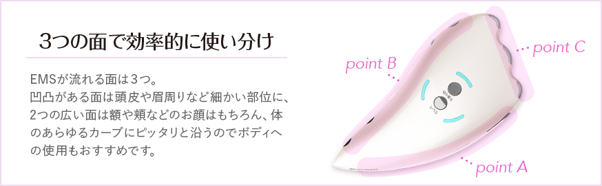 3つの面で効率的に使い分け　EMSが流れる面は３つ。凹凸がある面は頭皮や眉周りなど細かい部位に、2つの広い面は額や頬などのお顔はもちろん、体のあらゆるカーブにピッタリと沿うのでボディへの使用もおすすめです。