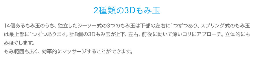 2種類の3Dもみ玉　14個あるもみ玉のうち、独立したシーソー式の3つのもみ玉は下部の左右に1つずつあり、スプリング式のもみ玉は最上部に1つずつあります。計8個の3Dもみ玉が上下、左右、前後に動いて深いコリにアプローチ。立体的にもみほぐします。もみ範囲も広く、効率的にマッサージすることができます。